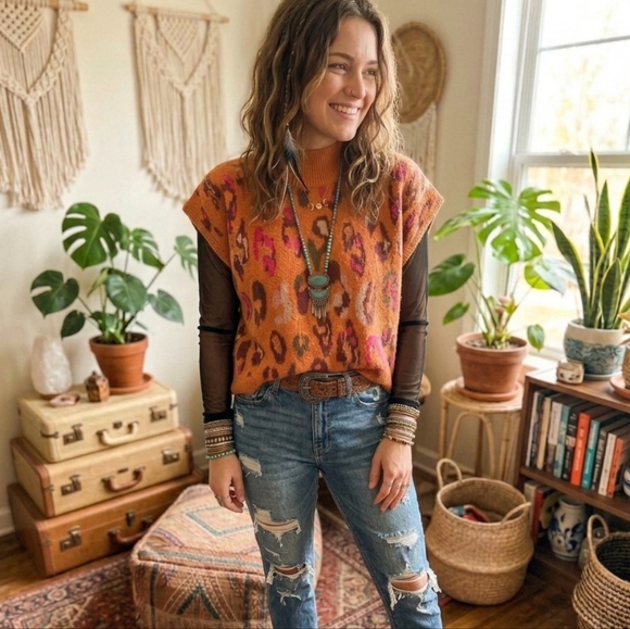 entro Sweaters - entro Rust Orange Multicolor Cheetah Print Knit Sweater with Multicolor